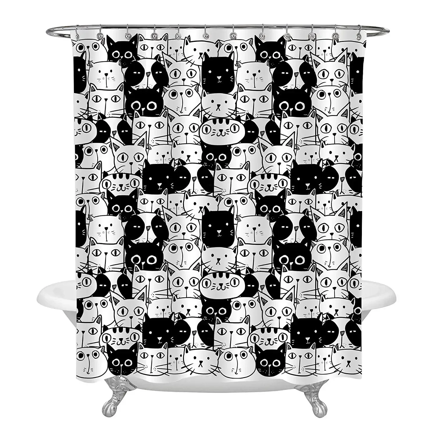 Cartoon Animals Art Deco for Bathroom Cute Hand Drawn Doodle Cats Black and White Shower Curtain