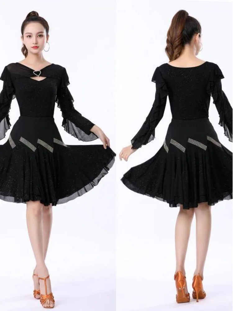 Ruffle Dance Sports Costume Latin Tops Skirts Practice Women Sequins Cabaret Competition Wear Woman Solid Color Suit Clothes