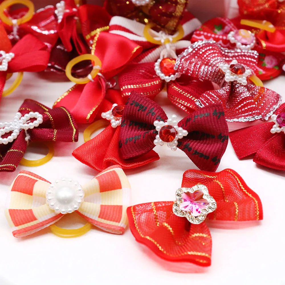 10/20PCS Puppy Bows 2024 New Red Series Dog Bows With Rubber Bands Pet Accessories For Dogs and Cats Handmade Cute Dog Bowknots