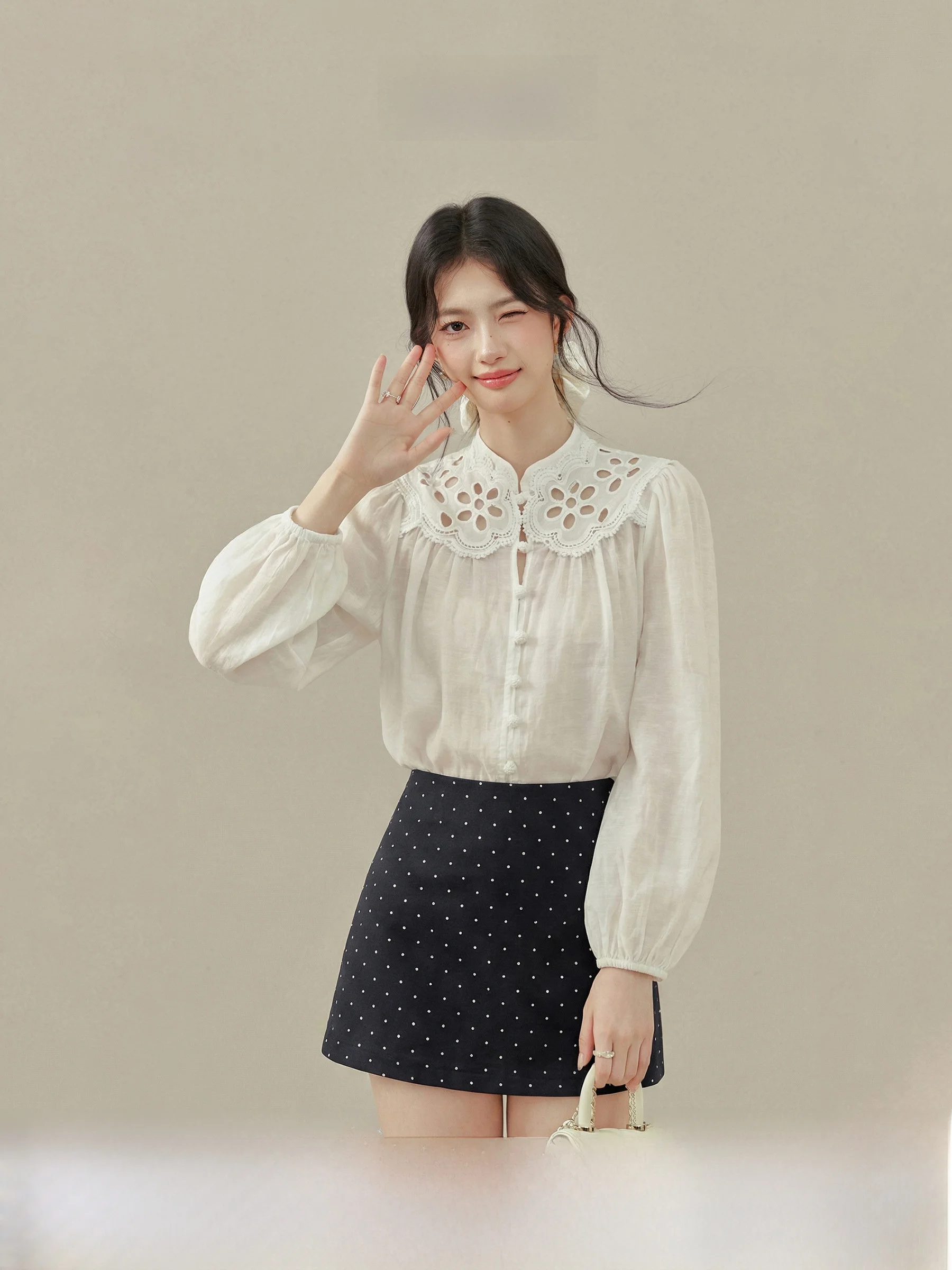 

New Chinese Style Lace Shirt Women's Long Sleeve Hollow out Stand Collar Spring Summer Casual Fashion Breathable Comfortable