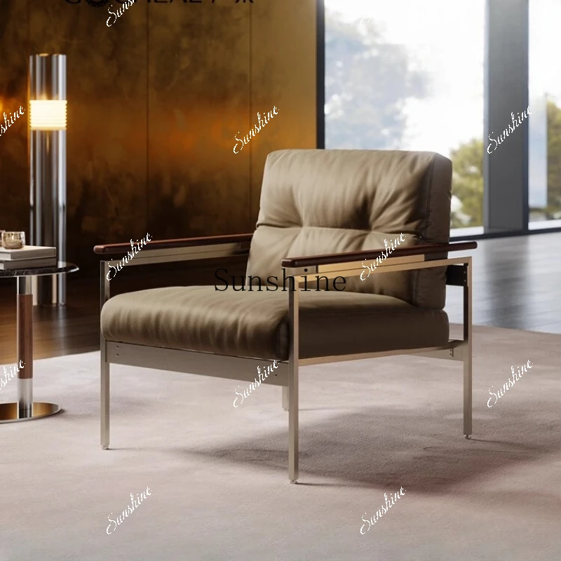 Italian minimalist leather single sofa chair with armrests living room bedroom balcony book chair