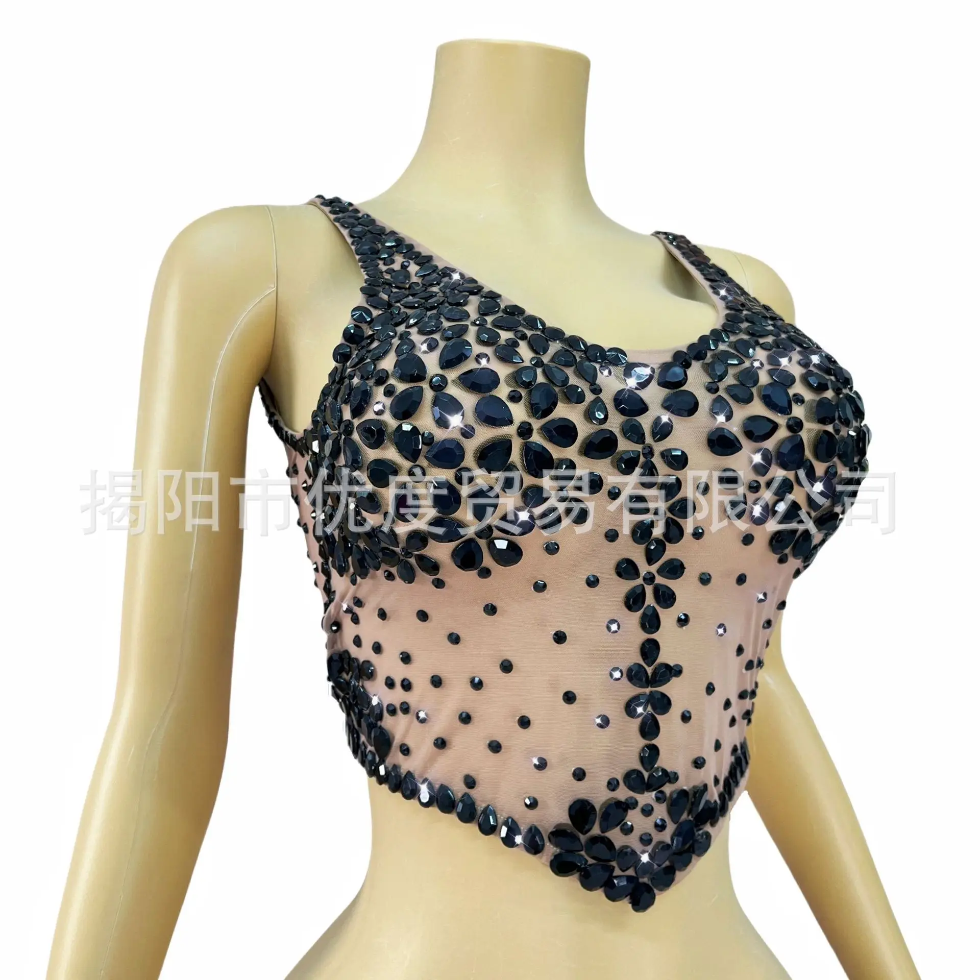 Niche Black Rhinestone Glam Halter Skin Tone Mesh Top Birthday Singer DJ Night Show Midnight Vestidos De Noche De Lujo De Fiesta