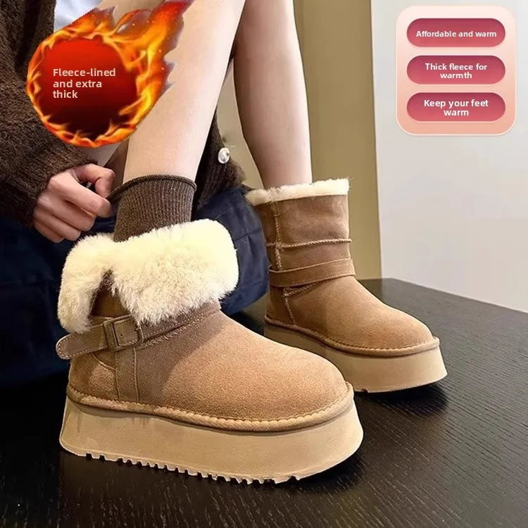 

Women's Thi Bot Fur Leather Snow Boots Winter Warm Waterproof Mid-Calf Fur Booties Korean Sle round Toe Rubber Sole