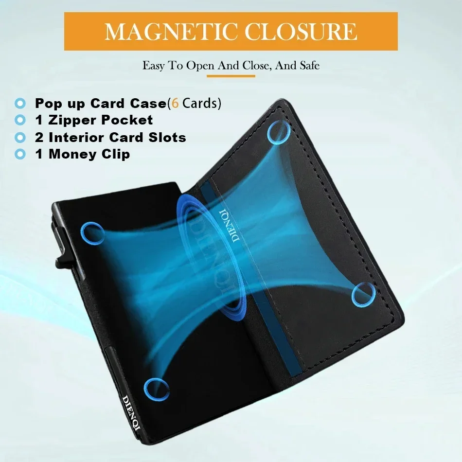 Portfel RFID z prawdziwej skóry bydlęcej, magnetyczny, skórzany, wysuwany, na karty kredytowe i bankowe, czarny, inteligentny portfel męski.