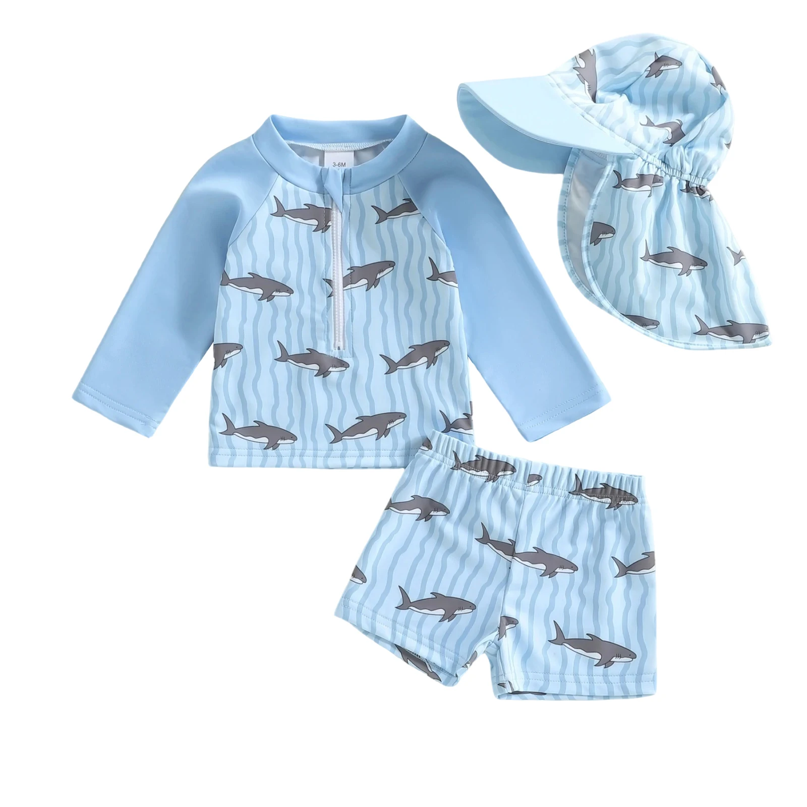 Baby Boy Rash Guard Swimsuits Long Sleeve Shark/Sailboat Print Bathing Suit Swimwear with Hat 0-5T