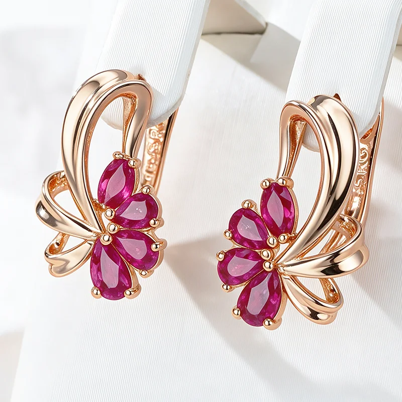 Wbmqda 20*14mm Roter Granat Tropfenohrringe für Frauen 585 Roségold Farbe Mode Hochzeit Party Zirkon Schmuck Zubehör