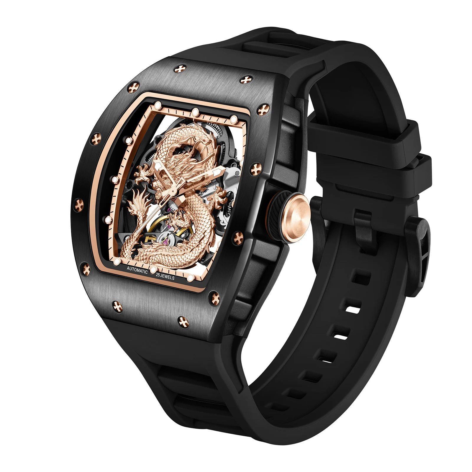DG Automatic Skeleton Watch Mechanical Movement Waterproof Wristwatch with Silicon Strap for Sports Casual Hollow Design