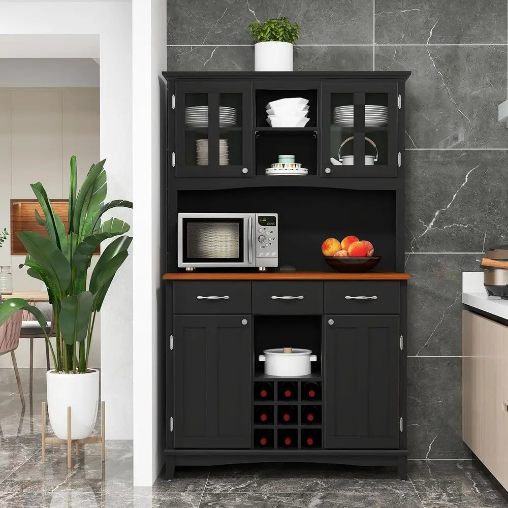 Buet Hutch Cabinet, Kitchen Hutch Sideboard, Buet Cabinet on Storage Island, Wood Kitchenware Server with 3 Large Ders and 9 Win