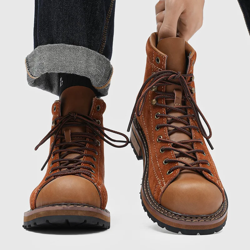 British style mens casual cow suede leather boots lace-up platform shoes cowboy tooling work boot outdoors designer ankle botas