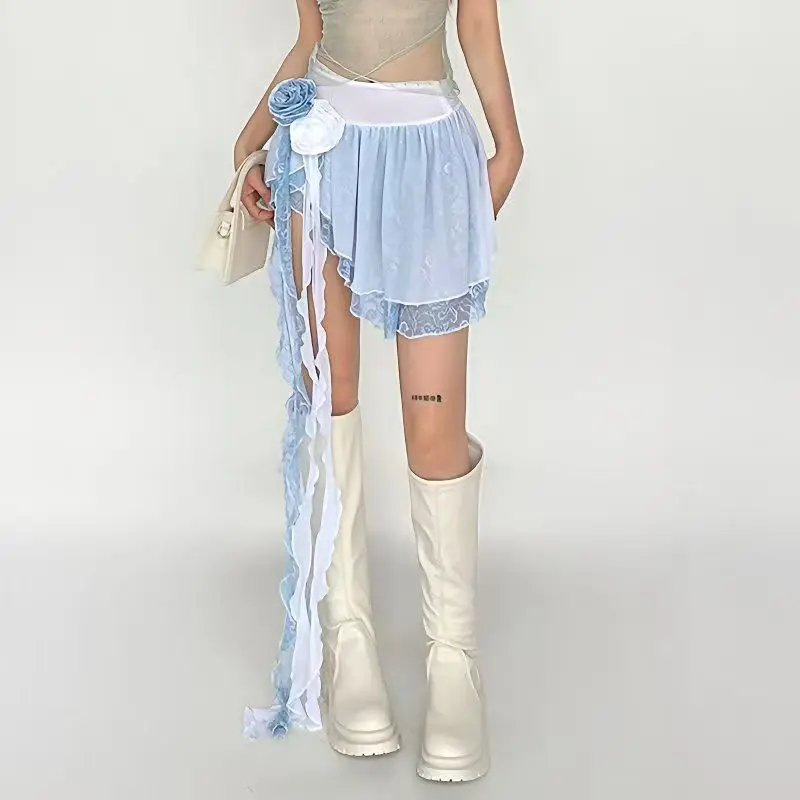 Y2k تنورة نسائية صيف 2025 جديدة في الموضة الكورية العتيقة تنورة هاراجوكو السراويل ملابس امرأة أبيض أزرق Kawaii تنورة صغيرة