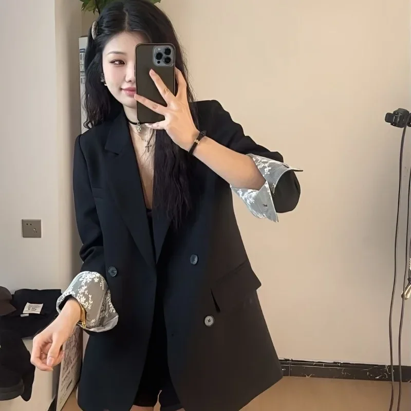 2025 Spring Autumn New Premium Elegance Lace Splicing Blazer Korean Style Loose Fit Casual Unique Niche Small Suit Jacket
