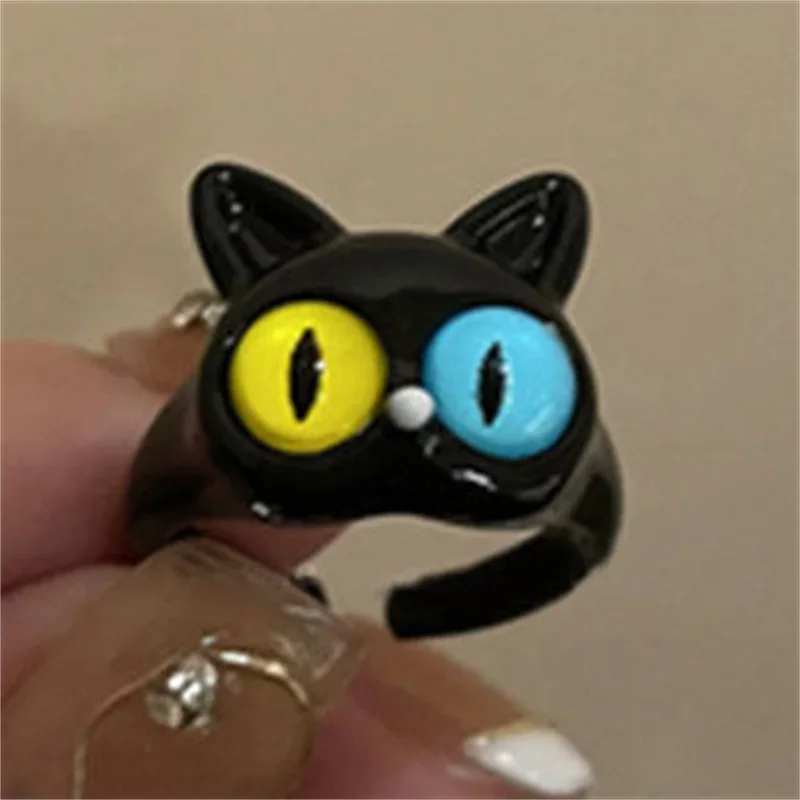 Fashion Personality Black Color Cat Yellow Blue Eyes Opening Rings For Women Party Jewelry Charm Gifts Custom Jewelry