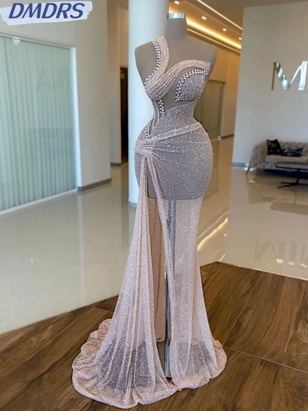Light Pink Straight Long Prom Gown Glitter Sequins Pearls Cocktail Dresses Sexy Illusion High Slit Evening Dress Robe De Mariée