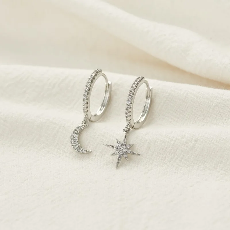 Fashion Shiny Cubic Zircon Star and Moon Earrings High Quality Star Moon Piercing Stud Earring for Women Jewelry Accessories