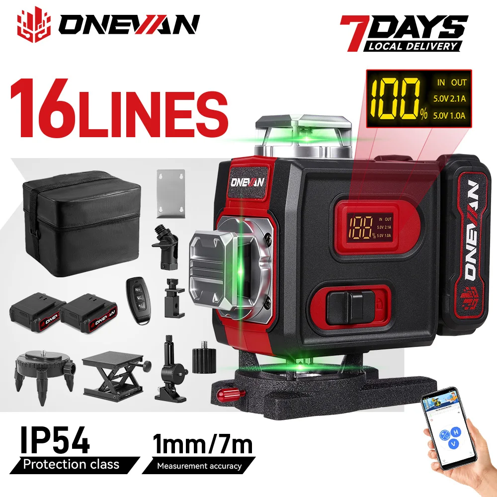 ONEVAN 4D 16 lignes 360 °   Niveaux laser de nivellement sans fil rechargeables, instrument de mesure horizontale et verticale, outil électrique