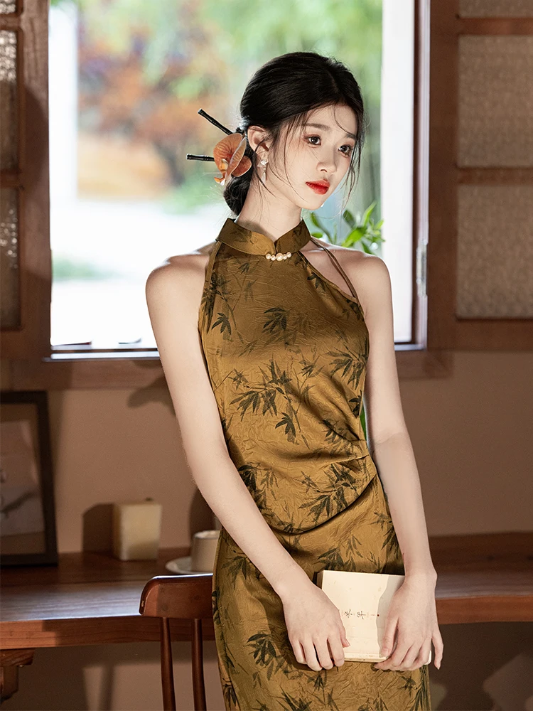 

Ele New Chinese Sle Svel Ne Hanging Women's Dr Slimming Waist High Quali Daily Wear Long Qipao