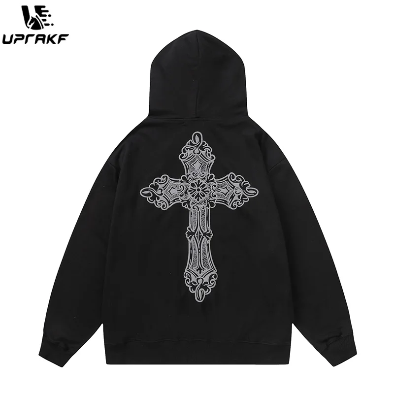 UPRAKF Retro Cross Letter Print Hoodie Streetwear Hip Hop Casual Tops Simple Design Pullover Long Sleeve Autumn