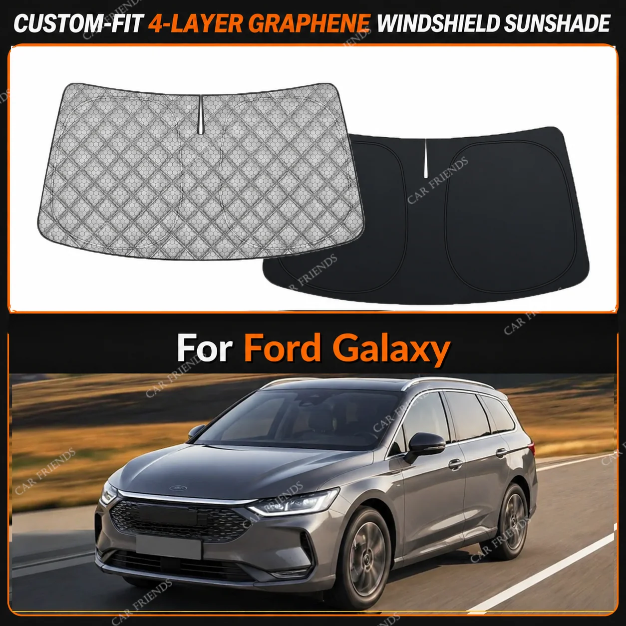 For Ford Galaxy Custom-Fit 4-Layer Graphene Windshield Sunshade Reflective Gray-Silver Surface Helps Reduce Direct Sunlight