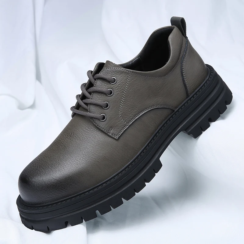 Nieuwe Echte Lederen Heren Casual Schoenen Winter Britse Stijl Dikke Bodem Werkkleding Schoenen Mannen Designer Grote Neus Lederen Schoenen