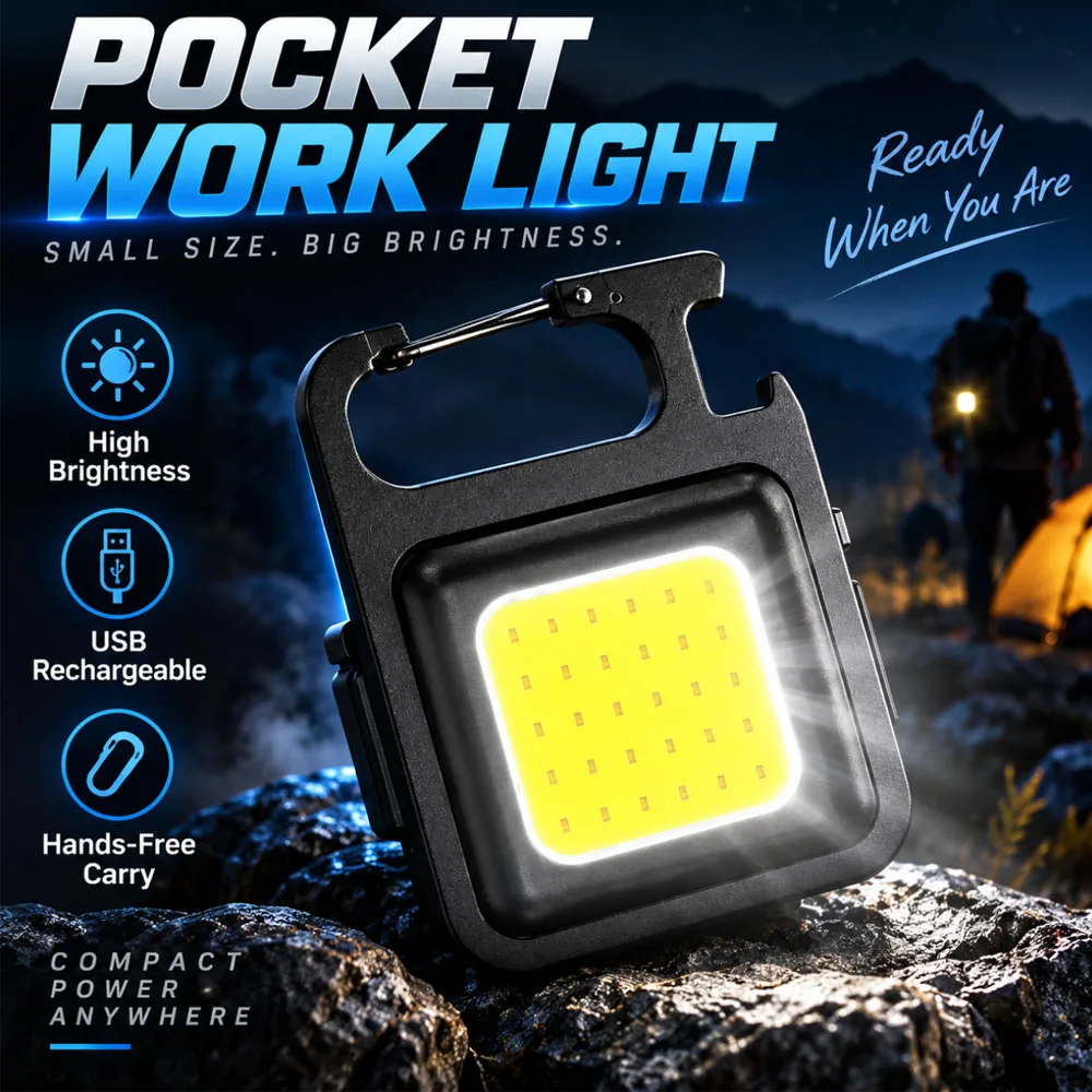 Multifunctional COB Keychain Light Rechargeable Portable LED Work Flashlight with Bottle Opener Magnetic Base&Adjustable Bracket
