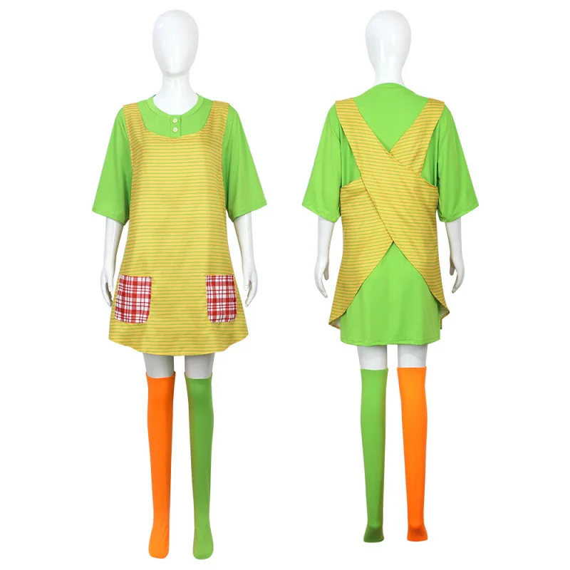 Anime Pippi Longstocking Cosplay Costume Striped Apron Green Shirt  with Apron Socks Full Set Halloween Carnival Party Outfit view 2