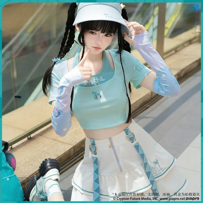 Hatsune Miku Short-sleeved Anime Peripheral Cute Cartoon Skirt Japanese Kawaii T-shirt Sun Hat Summer New Sportswear Comfortable