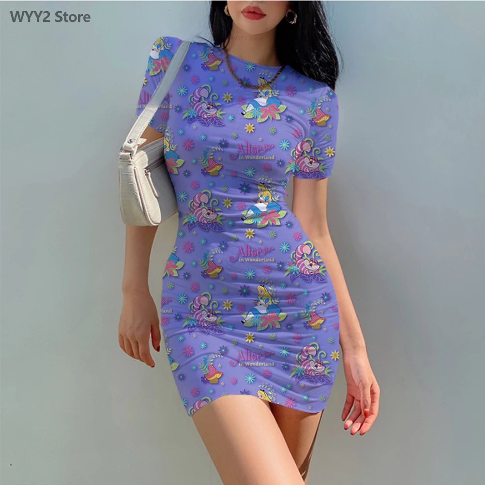 

Summer Casual Cartoon Disney Alice in Wonderland Elegant Women's Dress Office Body Fit Slim Ladies O Neck Printed Dress Vestidos