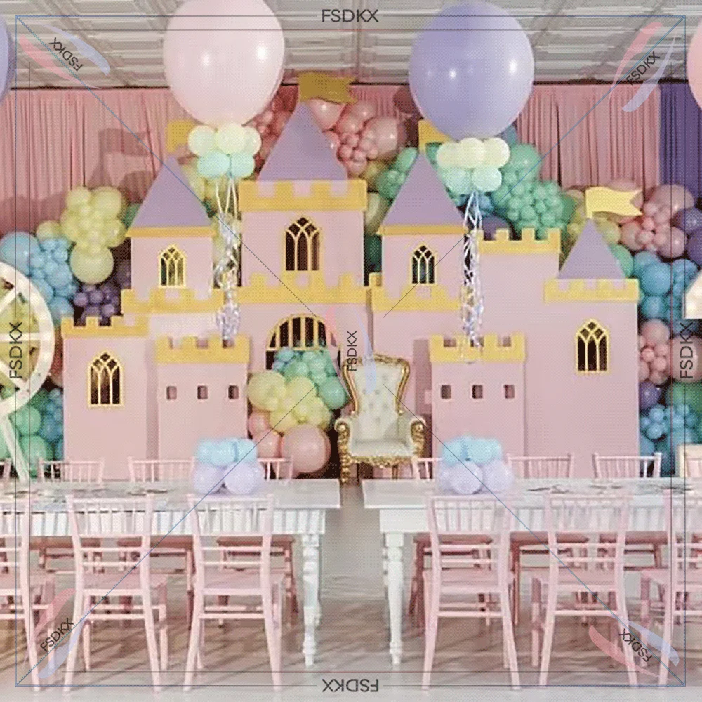 FSDKX Baby Kids Events Acrylic Castle Backdrop Pink Cartoon Castle Background for Birthday Party Decoration