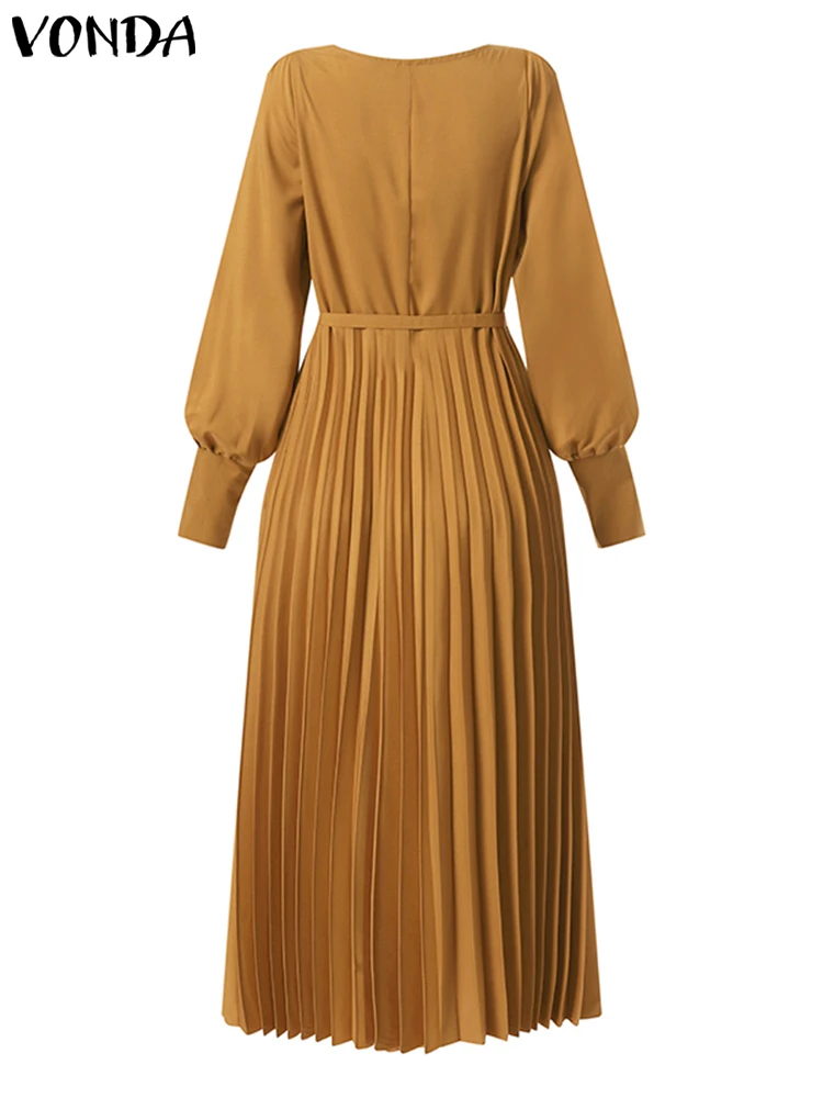 Elegant Long Lantern Sleeve Dress VONDA 2023 Fashion Women Sexy Square Collar Pleated Long Dresses Belted Solid Maxi Robe Femme