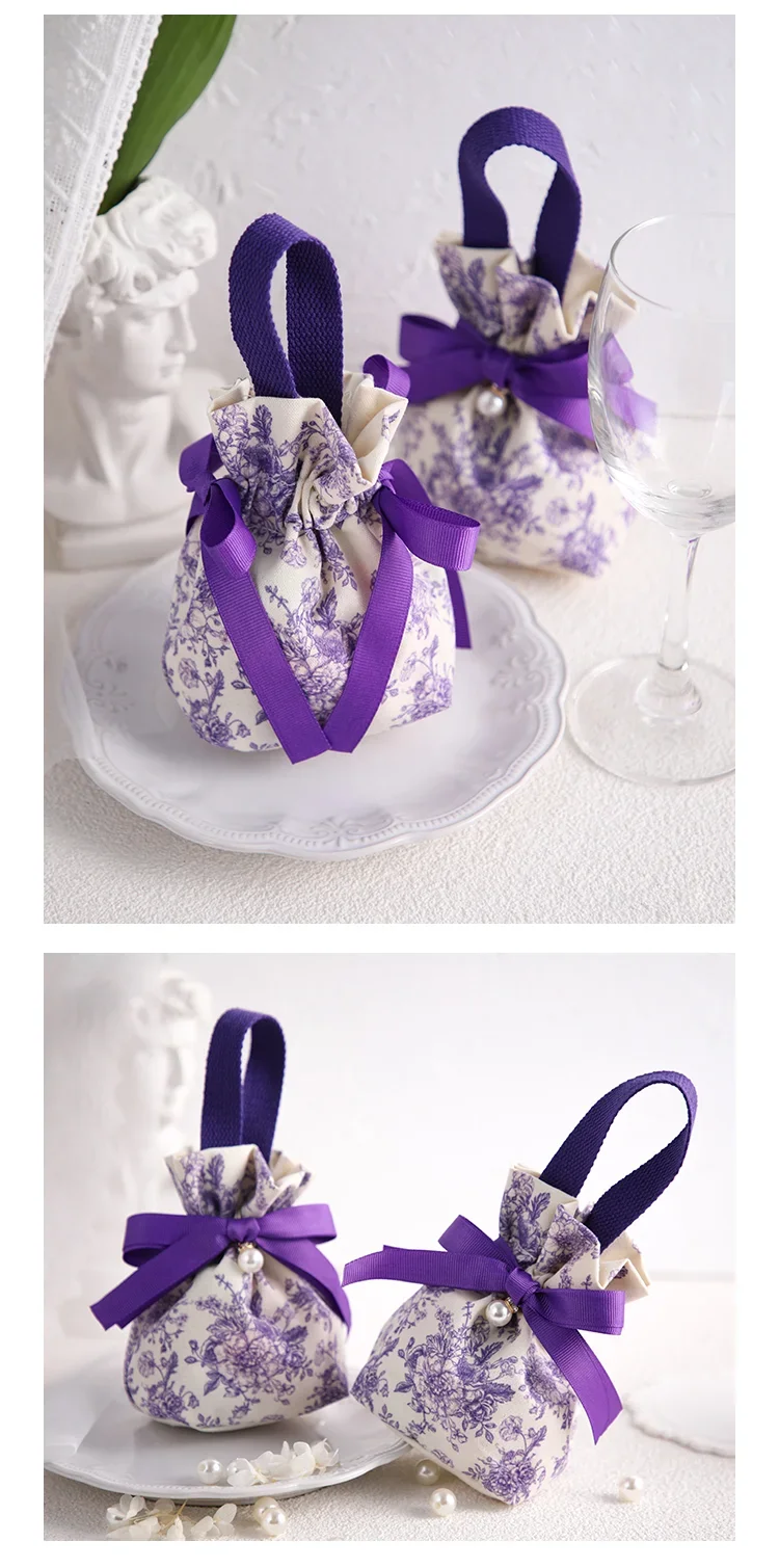 5/10 Stück tragbare Canvas-Süßigkeitentüten mit Kordelzug, Blumenmuster und Schleife, weiche, wiederverwendbare Geschenkverpackungstüten für Hochzeiten – Detail 13