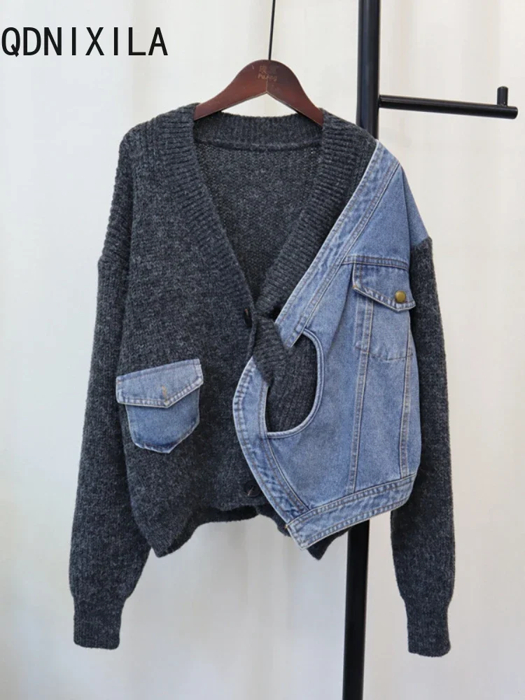 New Women Sweater Autumn Winter Spliced Denim Design Sense Knitted Cardigan Loose Casual Versatile Sweater Jacket for Women