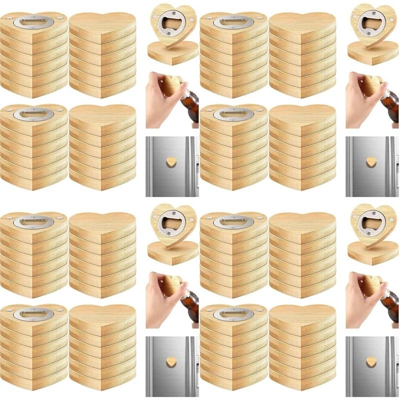 T21C 96 Pcs Magnetic Bottle Opener 2.5In DIY Bamboo Heart Shape Beer Openers Wooden Fridge Magnet Refrigerator Sticker Gift