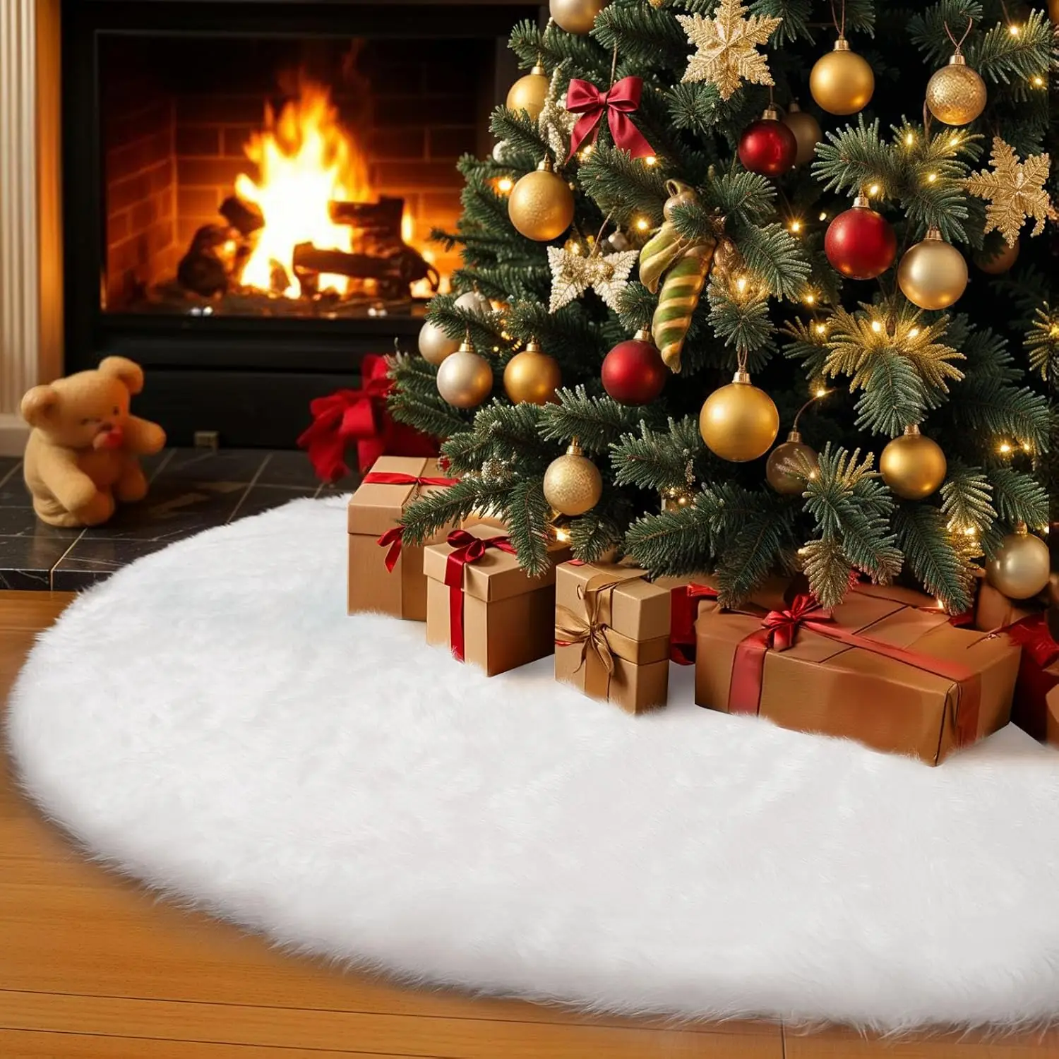 

6 Pieces 36inch White Plush Skirt Decoration for Merry Christmas Party, High-End Soft Classic Fluffy Faux Fur Christmas Tree Ski