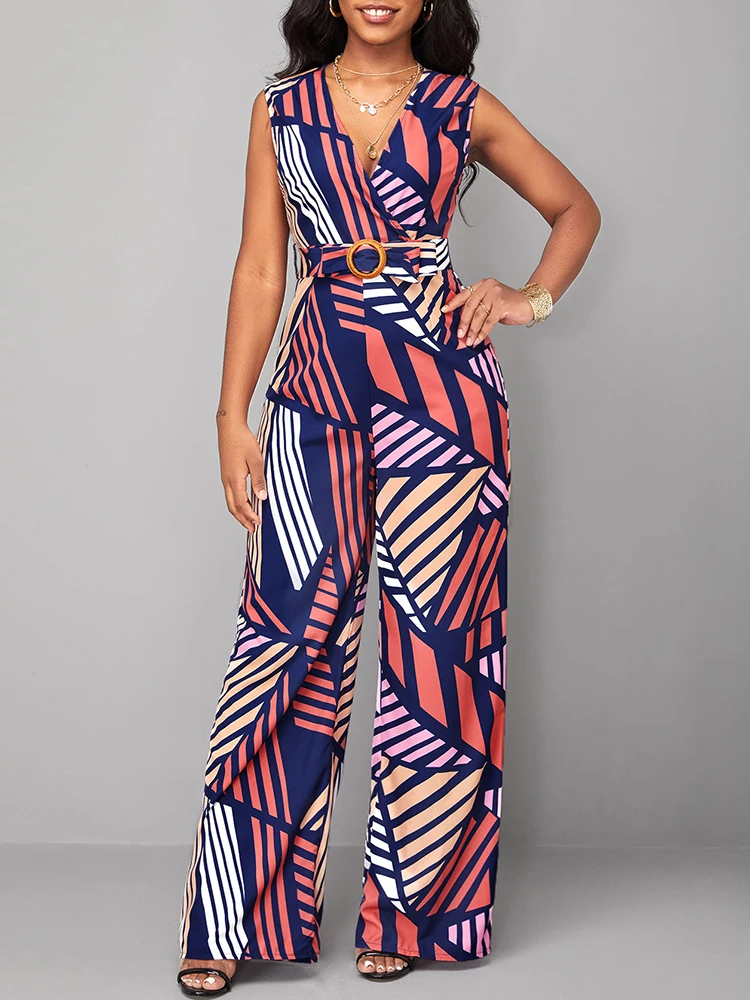 2023 New Summer Geometric Printed Sleeveless V-neck Jumpsuit of One Fashion Casual Pieces for Women Elegant Female