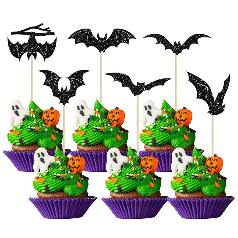12/24 Stück Halloween Fledermaus Cupcake Topper Schwarz Glitzer Fledermaus Cupcake Picks für Kinder Halloween Geburtstag Party Kuchen Dekoration Lieferungen – Detail 5