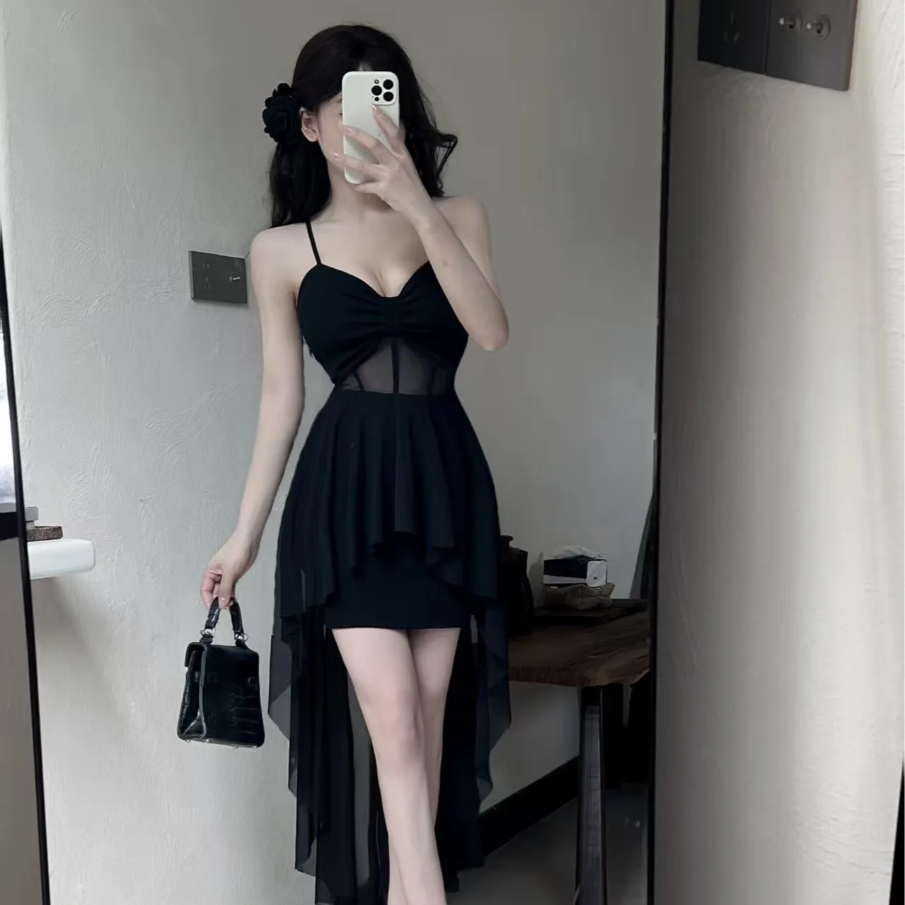 

Women Sexy Irregular Double Mesh V-Neck Suspender Slim Party Club Dress