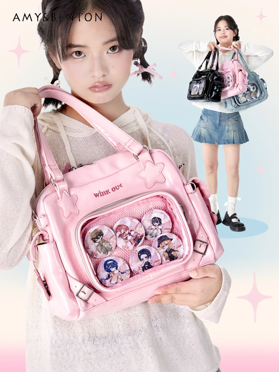 Original Japanese Two-dimensional Girl Messenger Bag Cute Itabag Women Large-capacity Transparent Pocket Pu Leather Shoulder Bag