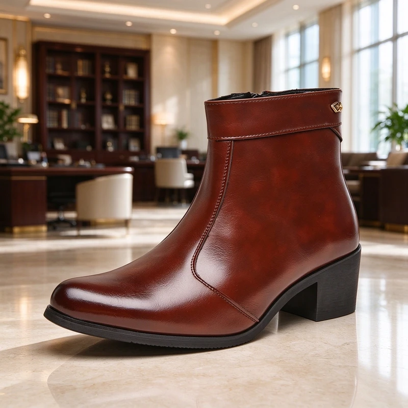 Men Vintage Black Brown Leather Ankle Boots Thick Block Heel Pointed Toe Side Zipper Formal Business Dress Boots For Wedding