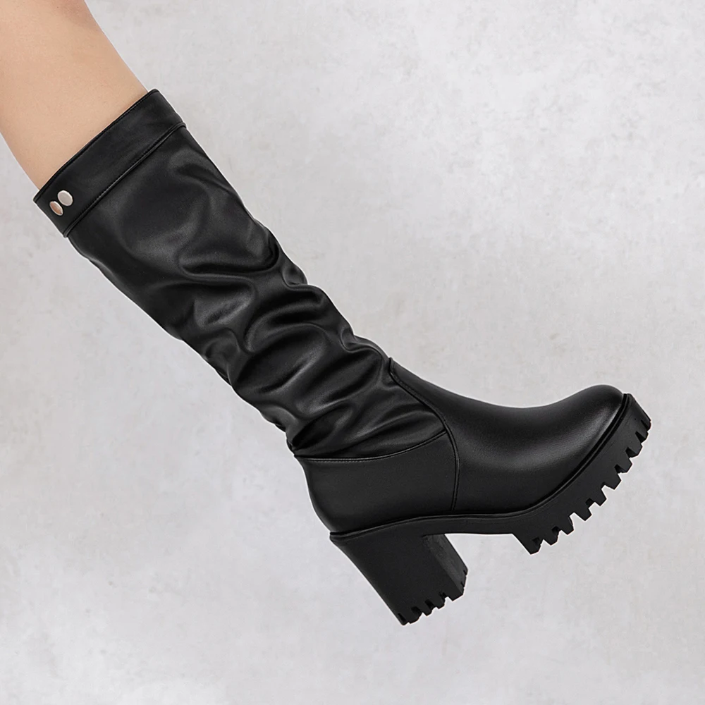 

Platform Chunky High Heeled Women Knee High Boots Fashion Cool Round Toe Pleated Heeled Boots Gothic Uniform Dress Shoes White