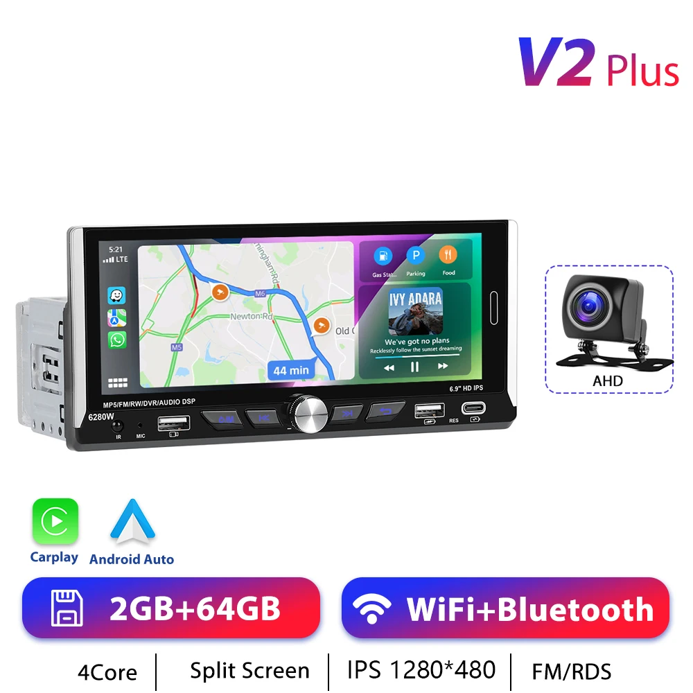 Podofo 1din Draadloze CarPlay Android Auto Radio 6.9 "Universeel 1DIN Auto Intelligent Systeem GPS Stereo Dashboard Head Unit RDS