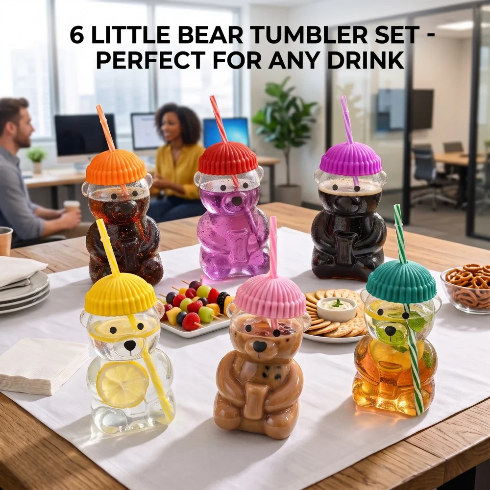 Healthy Glass Drinkware with Straw, Cute 6 Colors Bear Tumbler, Aesthetic Cup for Restaurant BBQ
