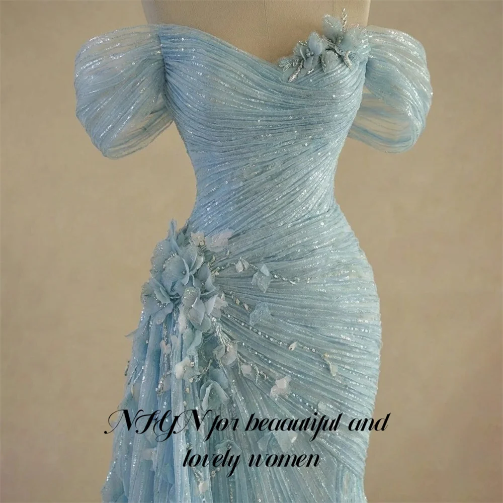 NFYN Blush Blue Prom Dress Off the Shoulder Celebrity Dress Trumpet Women's Evening Dress with 3D Floral Formal Gown Customized image 3