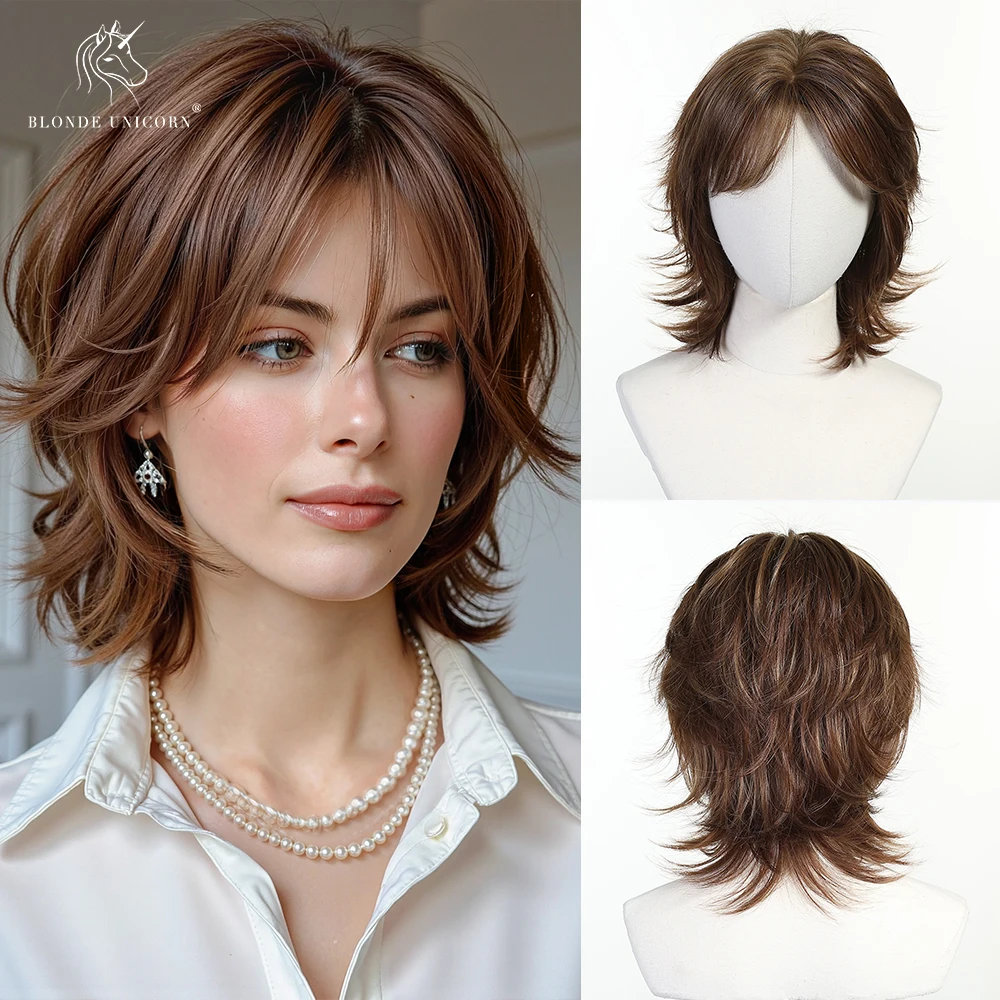 

Brown to Blonde Ombre Layered Short Straight Synthetic Wig with Bangs Flipped Ends for Women Heat Resistant Hair for Daily Party