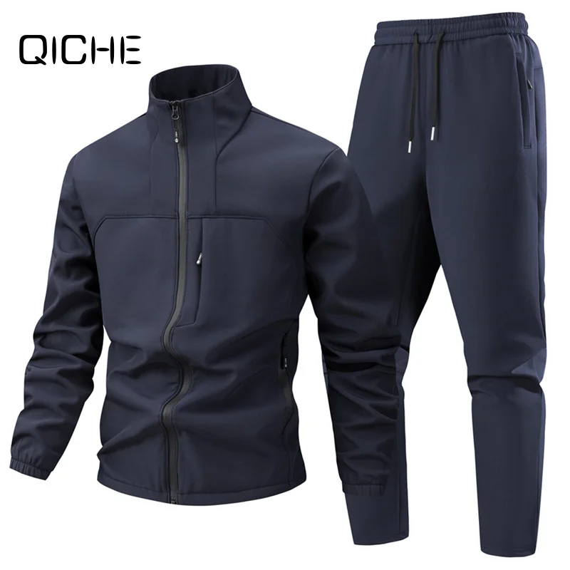 QICHE Trendy Men 2‑Piece Outfit Stand‑Collar Jacket And Long Pants Outdoor Casual Sport Suit Fall Spring Male Wear