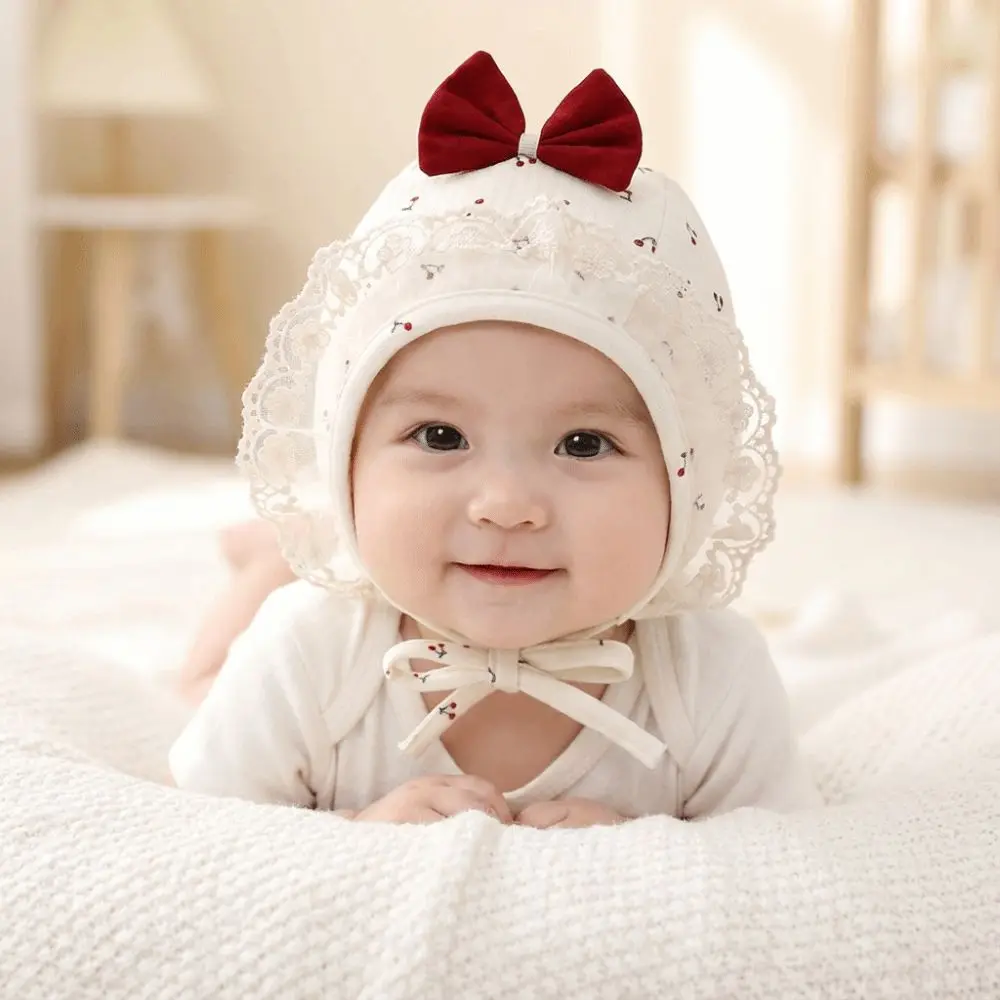 

Fashion Cute Lace Bow Newborn Ear Protection Cap Sweet Flower Print Princess Hat Soft Cotton Infant Earflap Beanie Infant