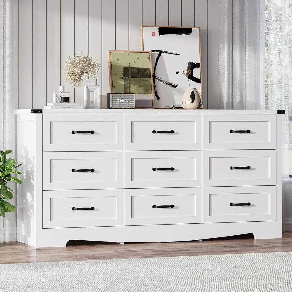 

59 Wide Natural Wood Chest of Drawers for Bedroom, Living Room, and Hallway with Sleek Metal Handles