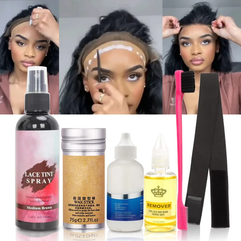 Lace Tint Spray Kit mit allem für Lace Front Perücke wasserdichter Spitzen kleber und Entferner Haar wachs Stick Lace Melt Band 6-teiliges Kit