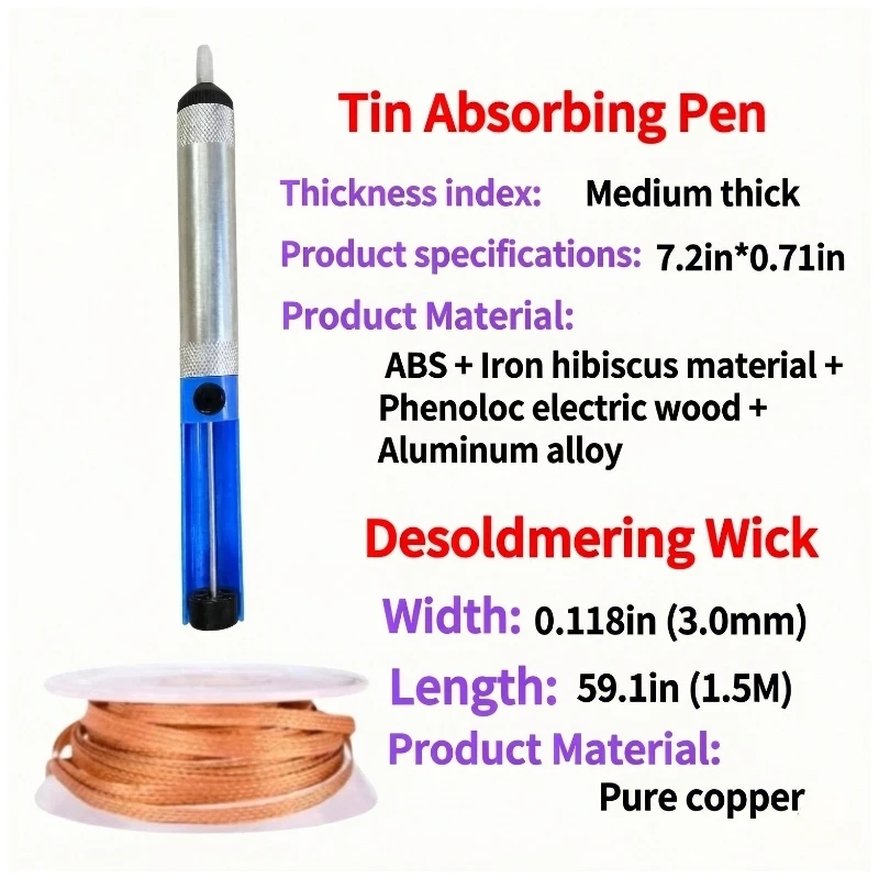 Desoldering Wick+Tin Absorbing Pen Set Vacuum Desoldering Pump Solder Remover Tool Kit For PCB Electronic Soldering Repair Work