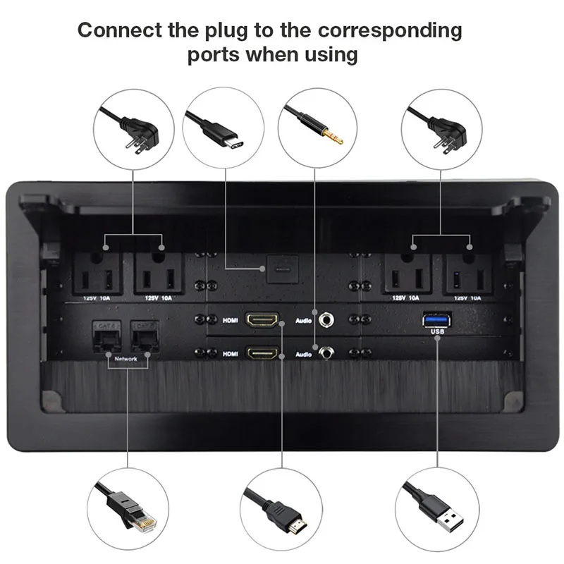 Sikat Flip Up soket tersembunyi meja, furnitur meja Strip daya dengan Outlet usb 3.0 HDMI tipe-c untuk ruang kantor konferensi