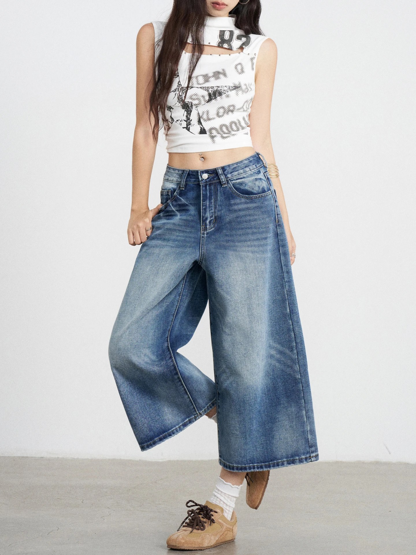 TGXQ Women's 7/8 Length Denim Jeans High Waist Loose Fit Straight Leg Blue Washed Summer Fashion Ladies' Premium Quality